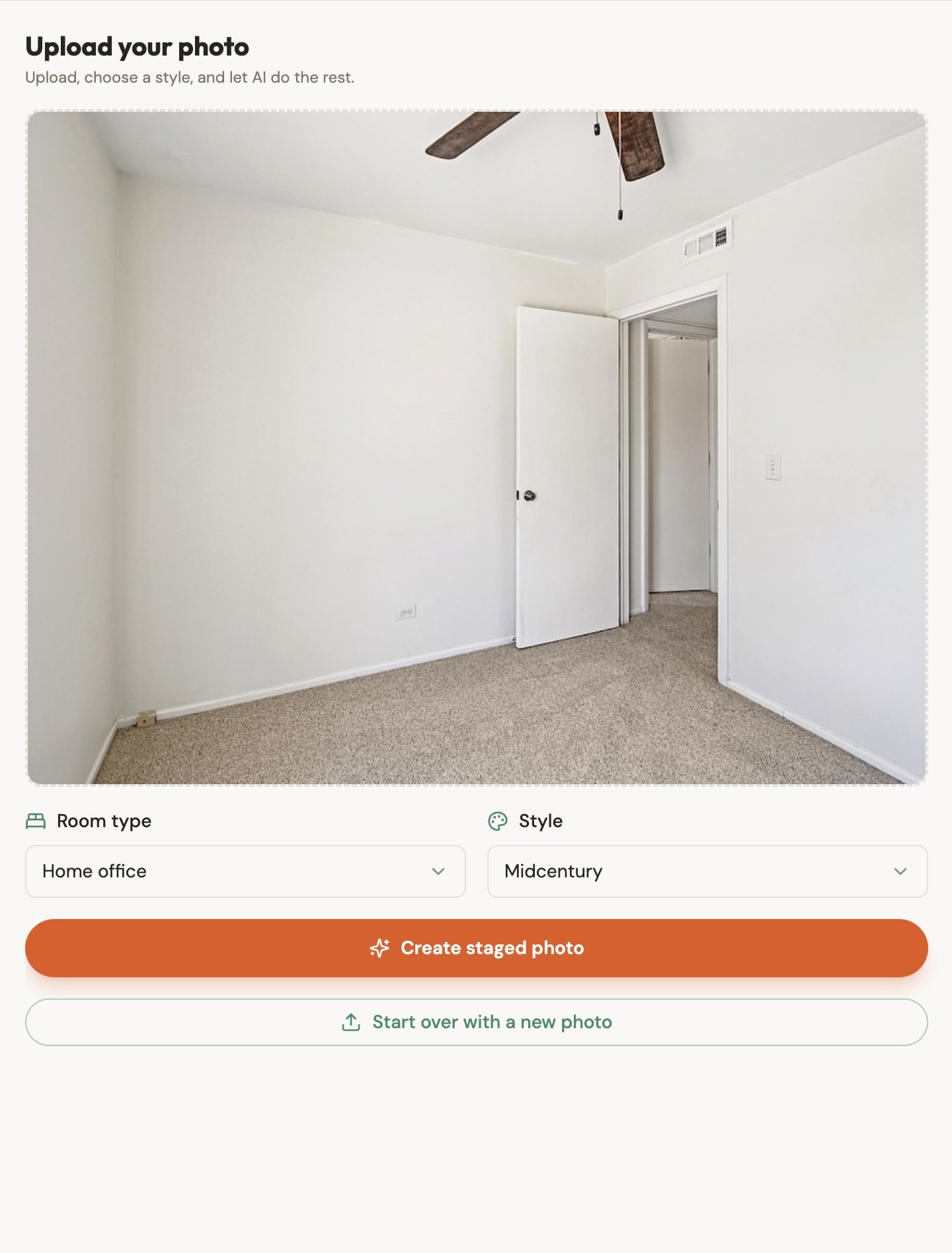 Upload area with a room photo being dragged in