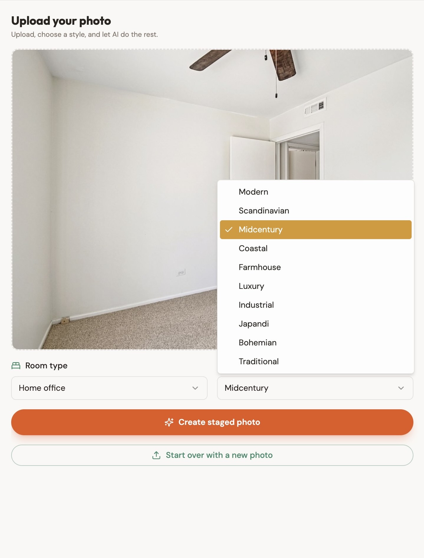 Room type and design style selectors