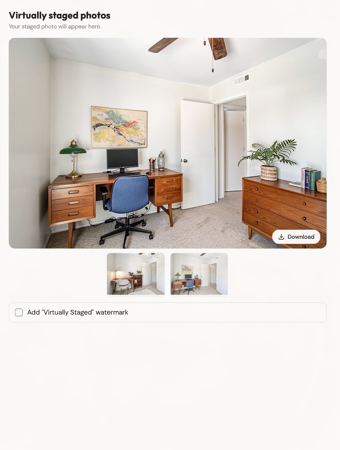 Finished virtually staged photo with download button